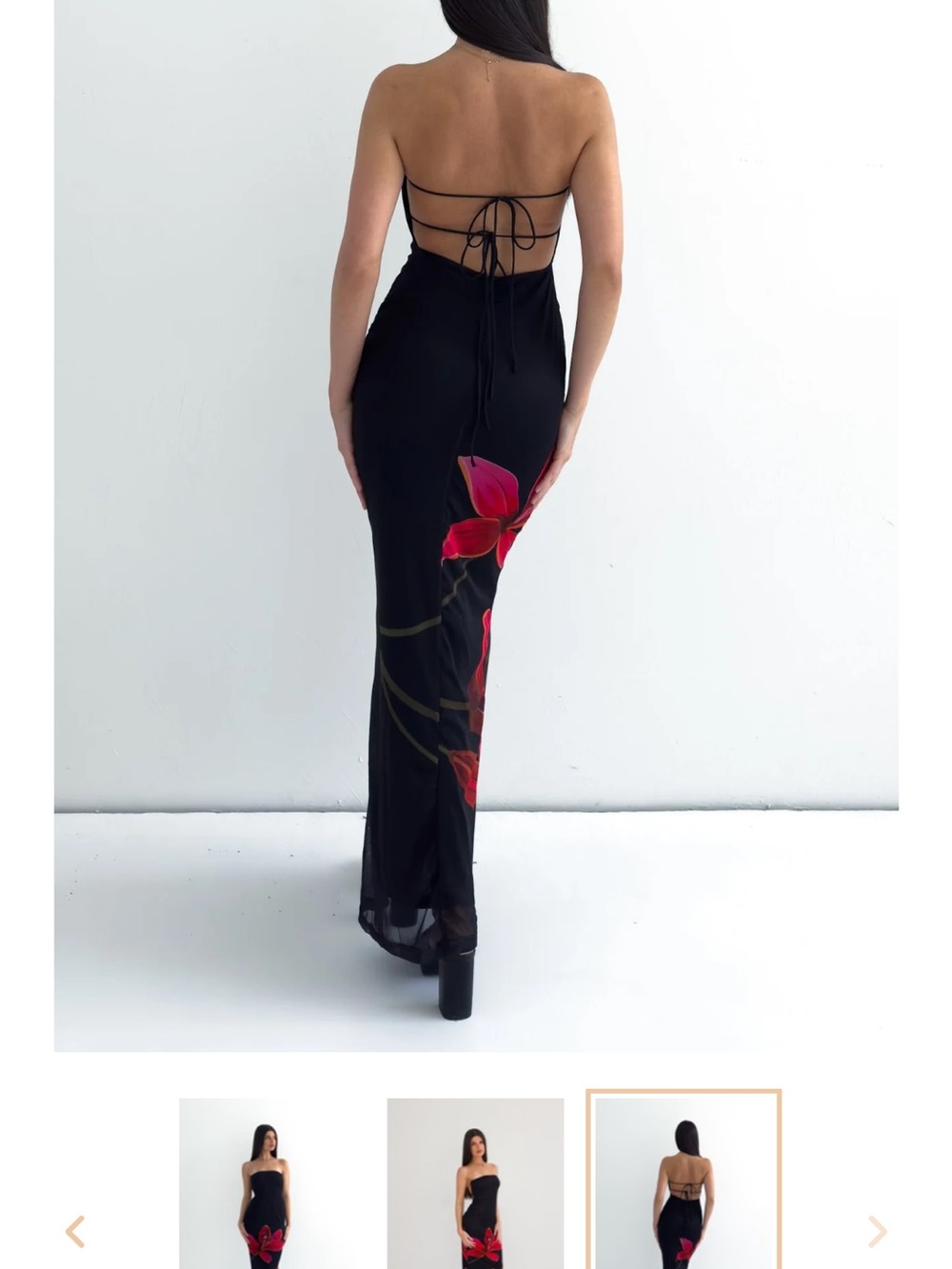 NEVER WORN Black Maxi Skirt with Red Floral Accent and Strappy Back